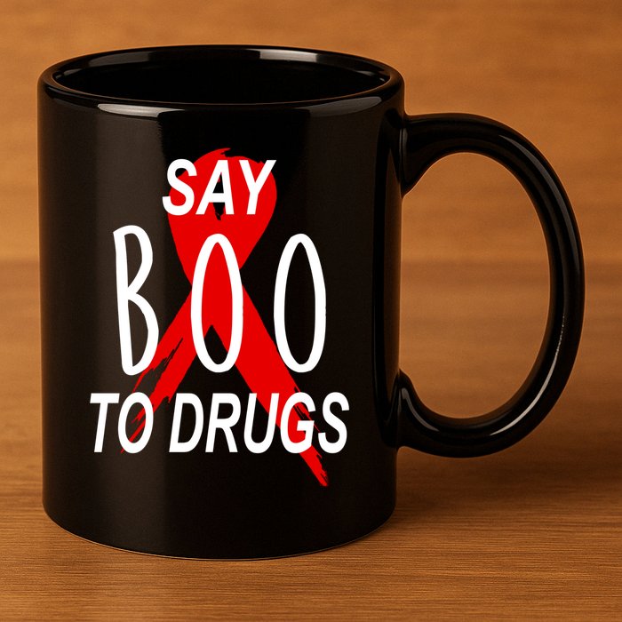 Funny Halloween Say Boo To Drugs Awareness Red Ribbon 11oz C Handle Ceramic Mug