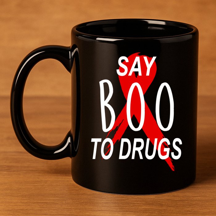 Funny Halloween Say Boo To Drugs Awareness Red Ribbon 11oz C Handle Ceramic Mug