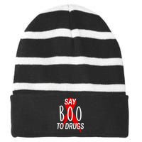 Funny Halloween Say Boo To Drugs Awareness Red Ribbon Striped Beanie with Solid Band