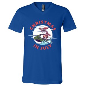 Funny Hawaiian Santa Santa Jet Ski Merry Christmas In July Gift V-Neck T-Shirt