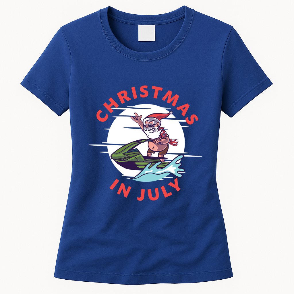 Funny Hawaiian Santa Santa Jet Ski Merry Christmas In July Gift Womens T-Shirt