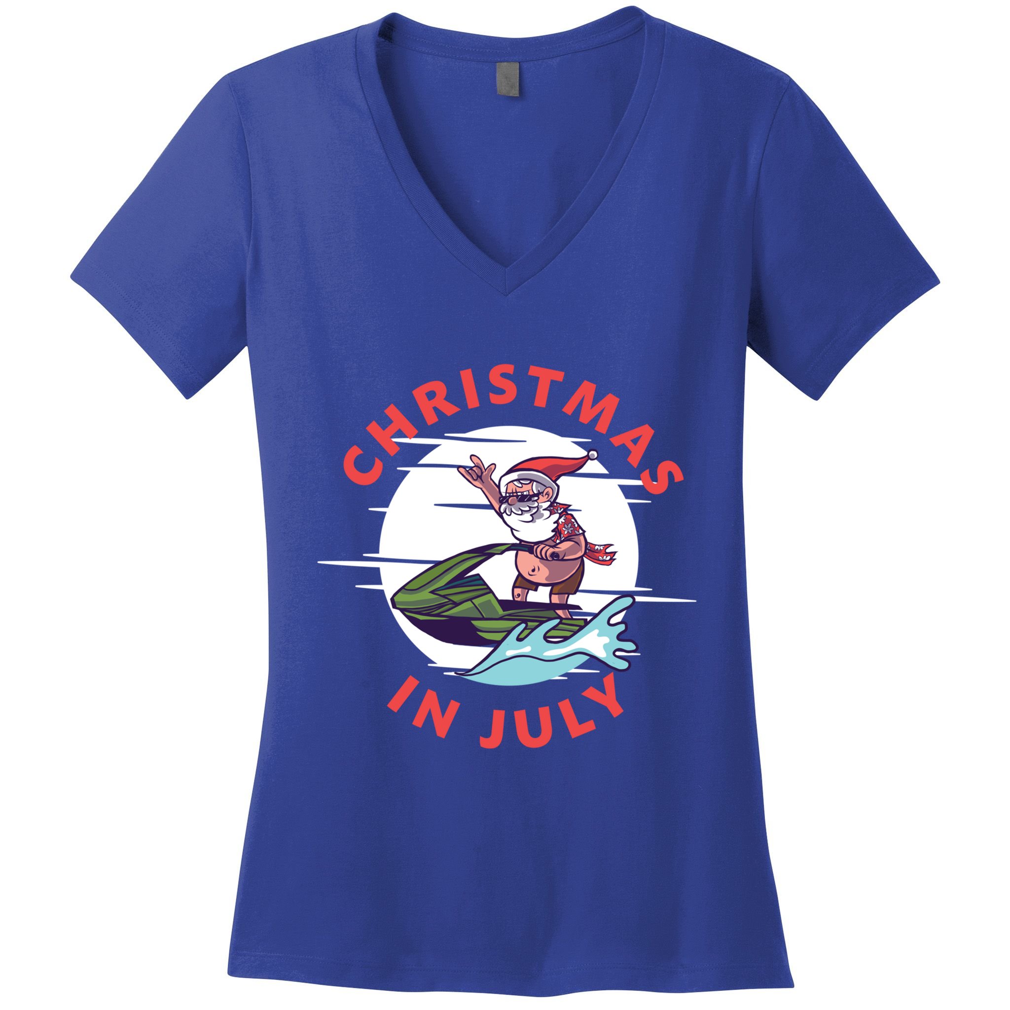 Funny Hawaiian Santa Santa Jet Ski Merry Christmas In July Gift Women's V-Neck T-Shirt