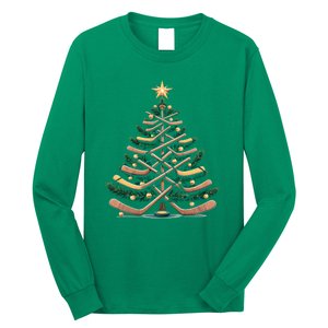 Funny Hockey Stick Christmas Pine Tree Gift Long Sleeve Shirt