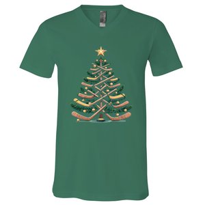 Funny Hockey Stick Christmas Pine Tree Gift V-Neck T-Shirt