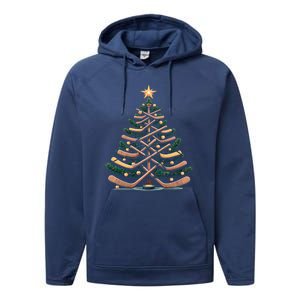 Funny Hockey Stick Christmas Pine Tree Gift Performance Fleece Hoodie