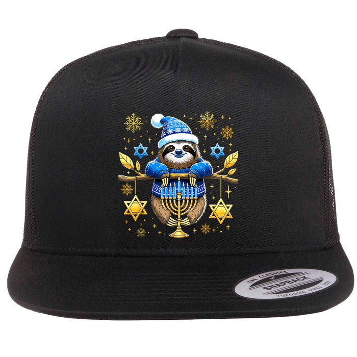 Funny Hanukkah Sloth Jewish Chanukah Sleeping Hanukkah Pjs Flat Bill Trucker Hat