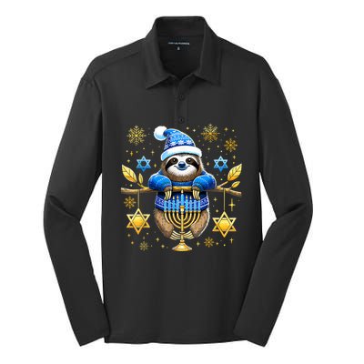 Funny Hanukkah Sloth Jewish Chanukah Sleeping Hanukkah Pjs Silk Touch Performance Long Sleeve Polo