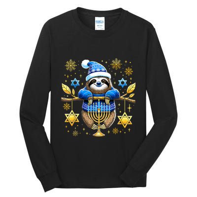 Funny Hanukkah Sloth Jewish Chanukah Sleeping Hanukkah Pjs Tall Long Sleeve T-Shirt