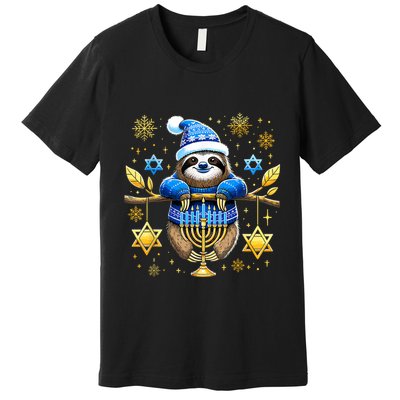 Funny Hanukkah Sloth Jewish Chanukah Sleeping Hanukkah Pjs Premium T-Shirt