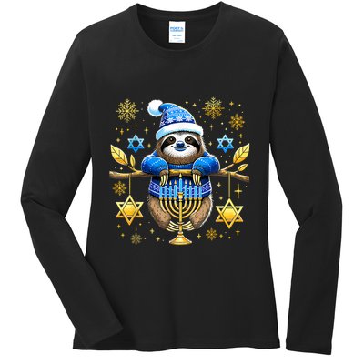 Funny Hanukkah Sloth Jewish Chanukah Sleeping Hanukkah Pjs Ladies Long Sleeve Shirt