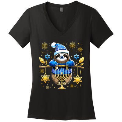 Funny Hanukkah Sloth Jewish Chanukah Sleeping Hanukkah Pjs Women's V-Neck T-Shirt