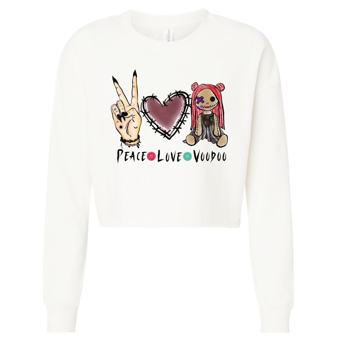 Funny Halloween Shirts, Peace Love Voodoo Cropped Pullover Crew