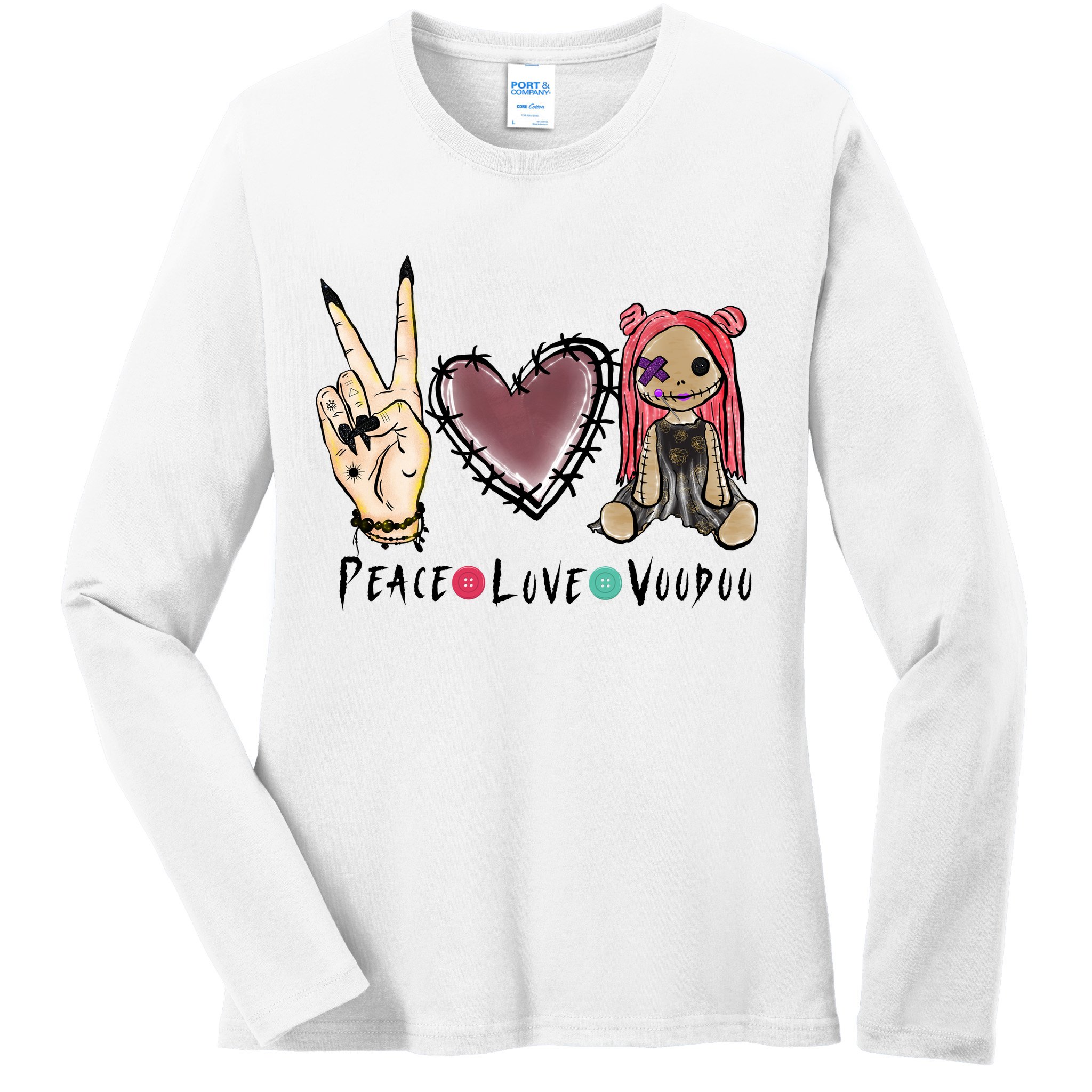 Funny Halloween Shirts, Peace Love Voodoo Ladies Long Sleeve Shirt