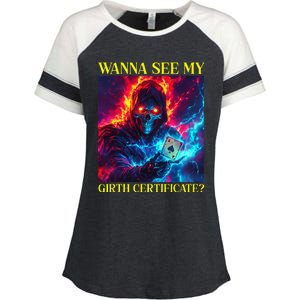 Funny Hard Skeleton Wanna See My Girth Certificate Enza Ladies Jersey Colorblock Tee