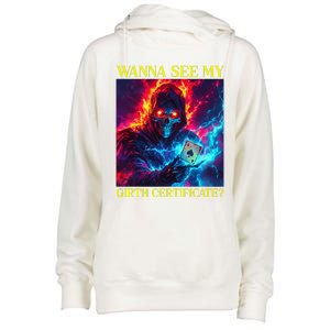 Funny Hard Skeleton Wanna See My Girth Certificate Womens Funnel Neck Pullover Hood