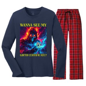 Funny Hard Skeleton Wanna See My Girth Certificate Women's Long Sleeve Flannel Pajama Set 