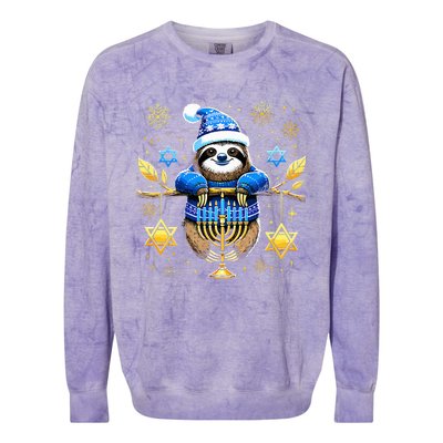 Funny Hanukkah Sloth Jewish Chanukah Sleeping Hanukkah PJs  Colorblast Crewneck Sweatshirt