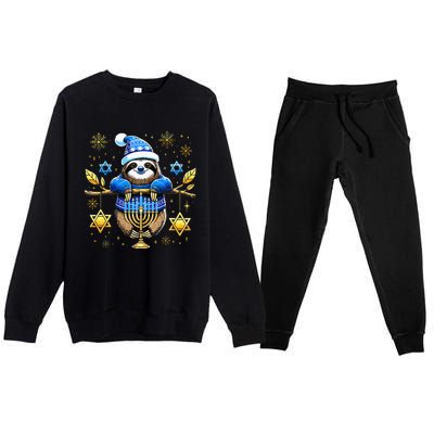 Funny Hanukkah Sloth Jewish Chanukah Sleeping Hanukkah PJs  Premium Crewneck Sweatsuit Set