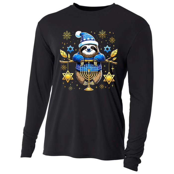 Funny Hanukkah Sloth Jewish Chanukah Sleeping Hanukkah PJs  Cooling Performance Long Sleeve Crew