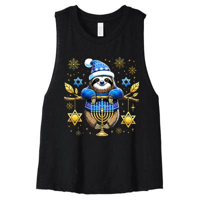 Funny Hanukkah Sloth Jewish Chanukah Sleeping Hanukkah PJs  Women's Racerback Cropped Tank