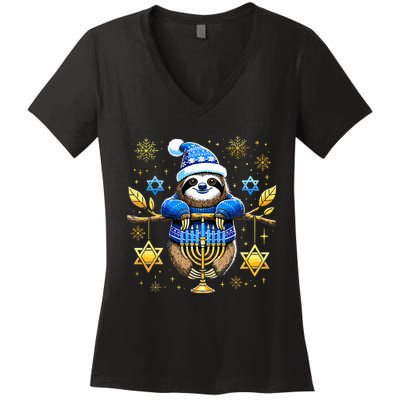 Funny Hanukkah Sloth Jewish Chanukah Sleeping Hanukkah PJs  Women's V-Neck T-Shirt