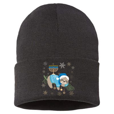 Funny Hanukkah Sloth Jewish Chanukah Sleeping  Sustainable Knit Beanie