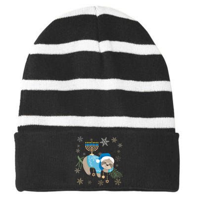 Funny Hanukkah Sloth Jewish Chanukah Sleeping  Striped Beanie with Solid Band