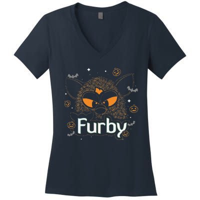 Furby Halloween Spooky Lines Pumpkin Furby Women's V-Neck T-Shirt