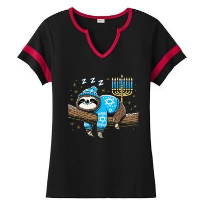 Funny Hanukkah Sloth Jewish Chanukah Sleeping Hanukkah Pjs Ladies Halftime Notch Neck Tee