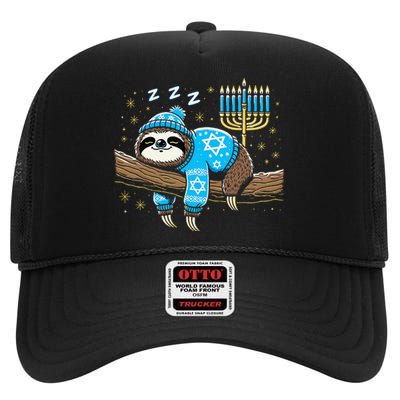 Funny Hanukkah Sloth Jewish Chanukah Sleeping Hanukkah Pjs High Crown Mesh Back Trucker Hat