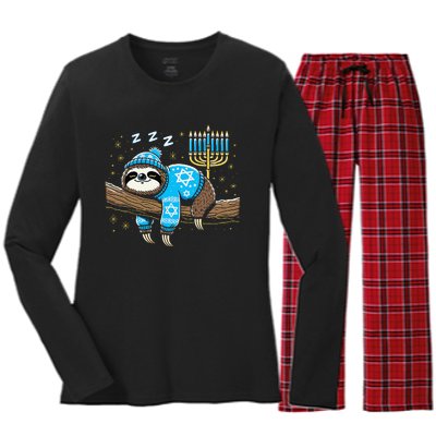 Funny Hanukkah Sloth Jewish Chanukah Sleeping Hanukkah Pjs Women's Long Sleeve Flannel Pajama Set 