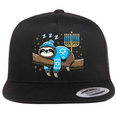 Funny Hanukkah Sloth Jewish Chanukah Sleeping Hanukkah Pjs Flat Bill Trucker Hat