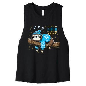 Funny Hanukkah Sloth Jewish Chanukah Sleeping Hanukkah Pjs Women's Racerback Cropped Tank