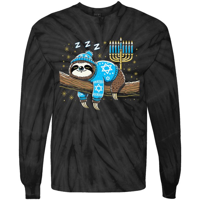 Funny Hanukkah Sloth Jewish Chanukah Sleeping Hanukkah Pjs Tie-Dye Long Sleeve Shirt