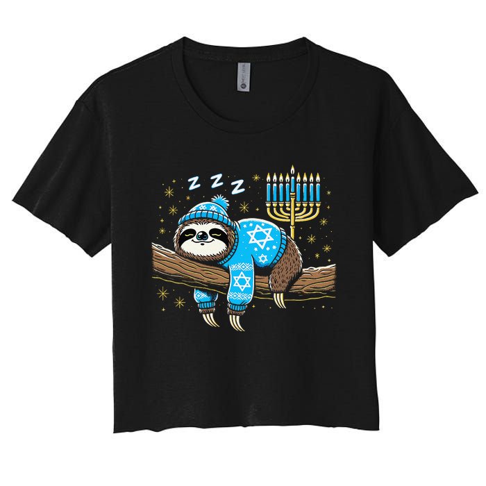 Funny Hanukkah Sloth Jewish Chanukah Sleeping Hanukkah Pjs Women's Crop Top Tee