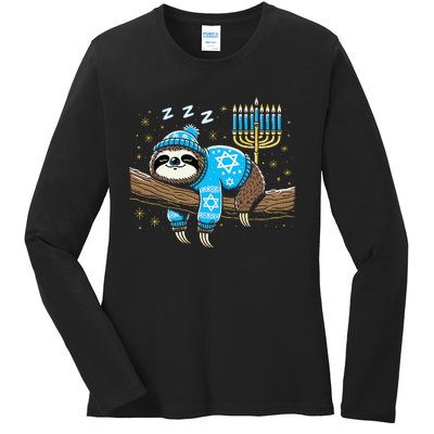 Funny Hanukkah Sloth Jewish Chanukah Sleeping Hanukkah Pjs Ladies Long Sleeve Shirt