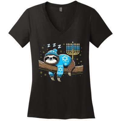 Funny Hanukkah Sloth Jewish Chanukah Sleeping Hanukkah Pjs Women's V-Neck T-Shirt