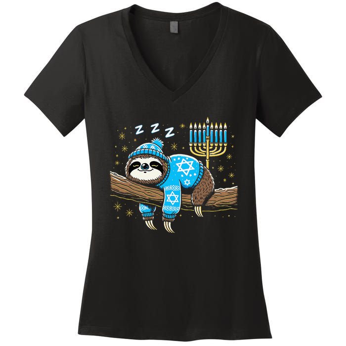 Funny Hanukkah Sloth Jewish Chanukah Sleeping Hanukkah Pjs Women's V-Neck T-Shirt