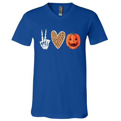 Funny Halloween Skeleton Hand Leopard Heart Pumpkin Funny Gift V-Neck T-Shirt