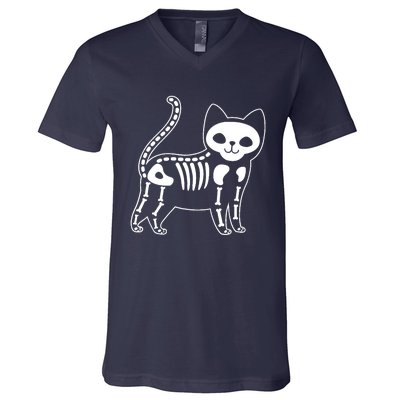 Funny Halloween Skeleton Cat Kitty Costume Skull Cat V-Neck T-Shirt