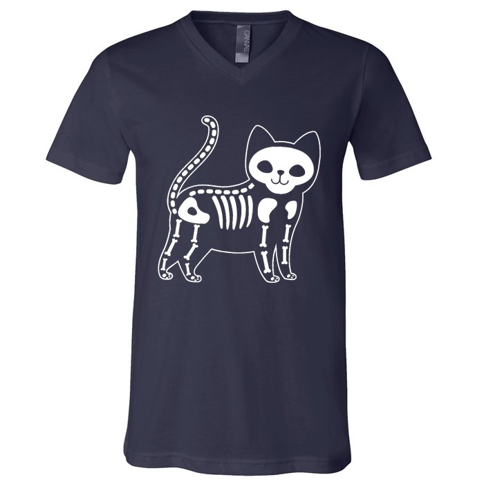 Funny Halloween Skeleton Cat Kitty Costume Skull Cat V-Neck T-Shirt