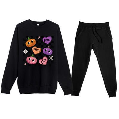 Funny Halloween Spooky Vibes Pumpkin Heart Boo Magic Checked Premium Crewneck Sweatsuit Set