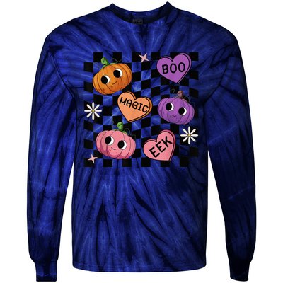 Funny Halloween Spooky Vibes Pumpkin Heart Boo Magic Checked Tie-Dye Long Sleeve Shirt