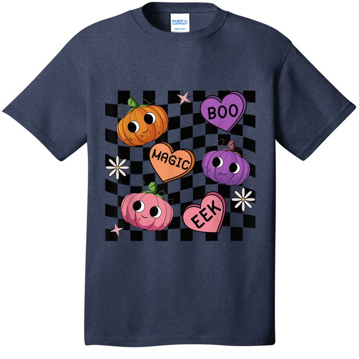 Funny Halloween Spooky Vibes Pumpkin Heart Boo Magic Checked T-Shirt