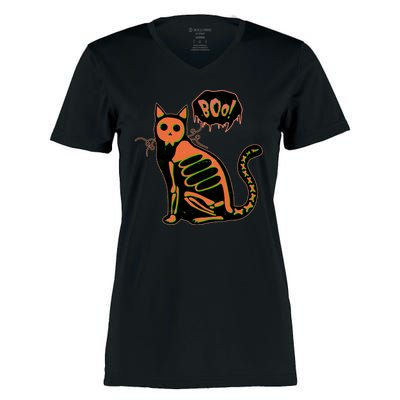 Funny Halloween Skeleton Cat Women's Momentum V-Neck T-Shirt