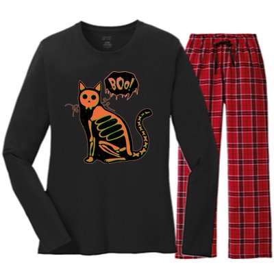 Funny Halloween Skeleton Cat Women's Long Sleeve Flannel Pajama Set 