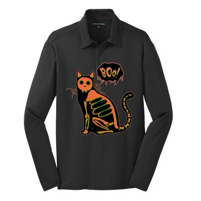 Funny Halloween Skeleton Cat Silk Touch Performance Long Sleeve Polo