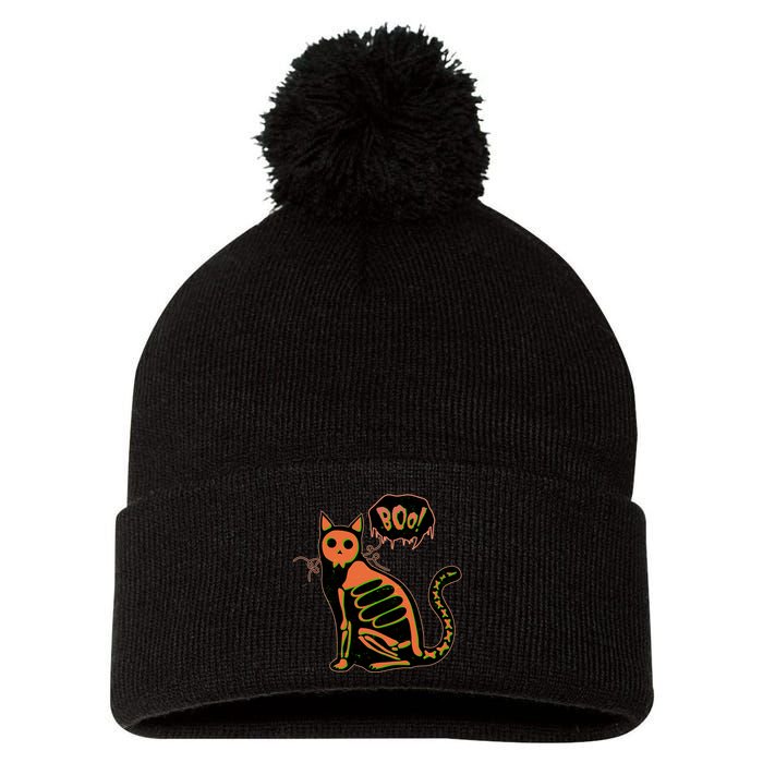 Funny Halloween Skeleton Cat Pom Pom 12in Knit Beanie