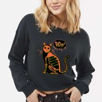 Funny Halloween Skeleton Cat Cropped Pullover Crew
