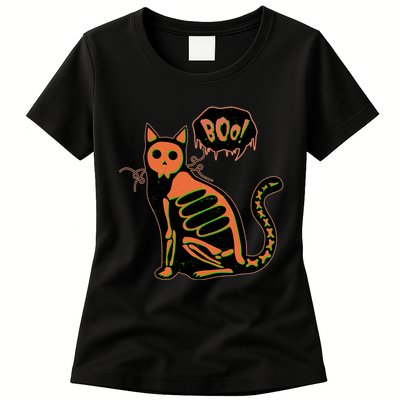 Funny Halloween Skeleton Cat Womens T-Shirt